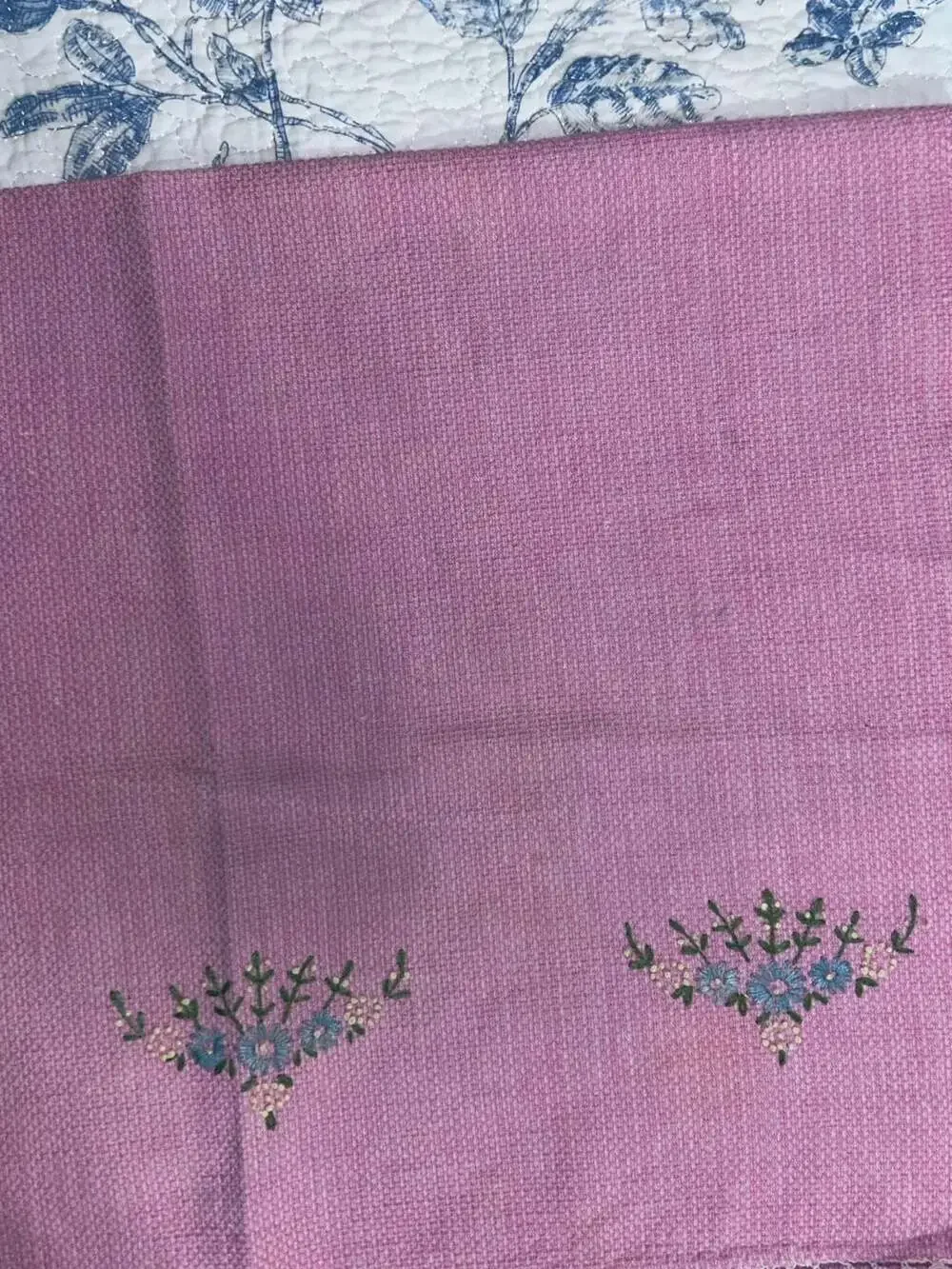 Vintage Hand Embroidered Pink Napkin with Lace Edge